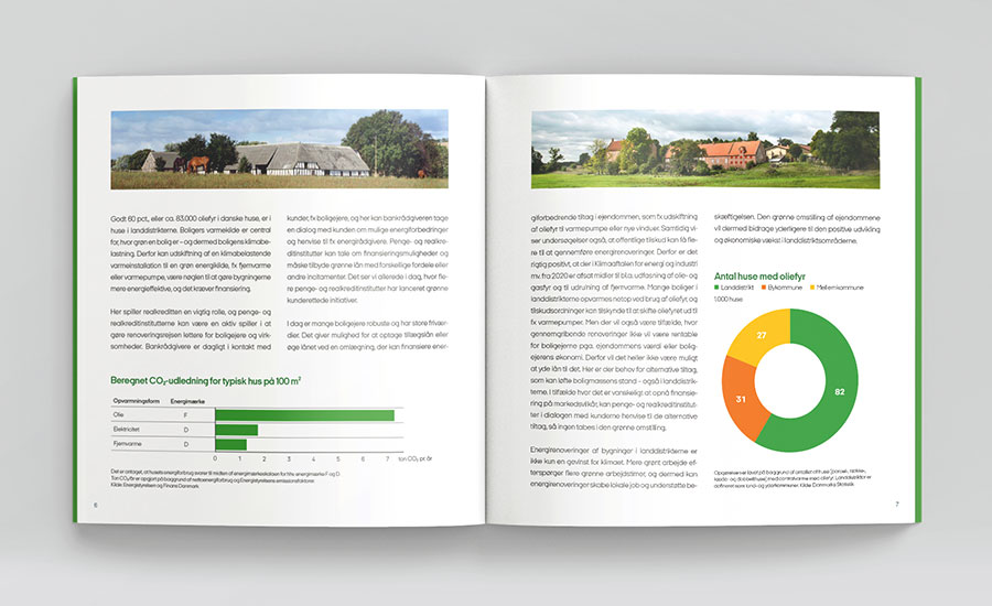 Layout af opslag fra rapporten med to fotos af landdistrikterne samt et søjlediagram og et lagkagediagram.