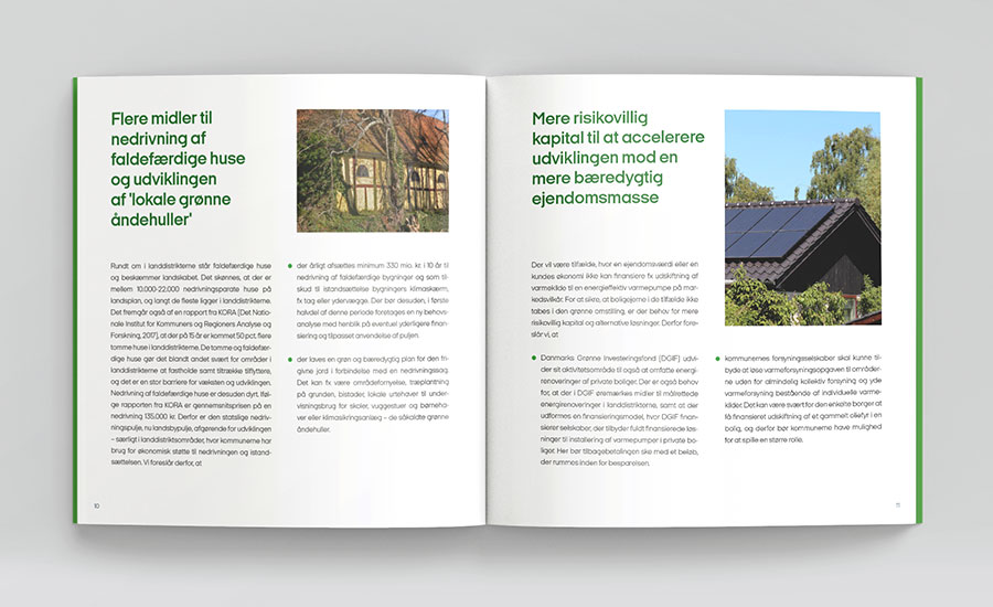 Layout af opslag fra rapporten med to fotos og to afsnit med anbefalinger til grønne investeringer i landdistrikterne.