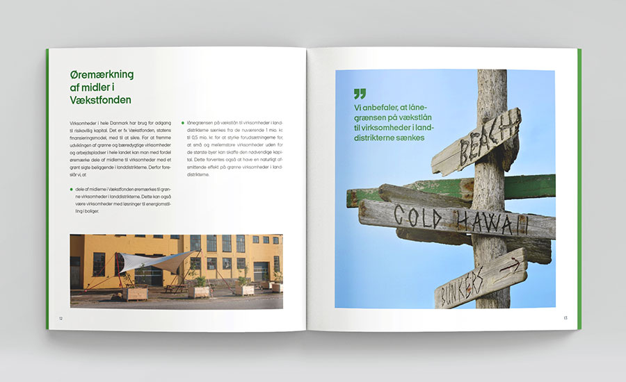 Opslag med foto og citat fra layout af rapport om grønne investeringer