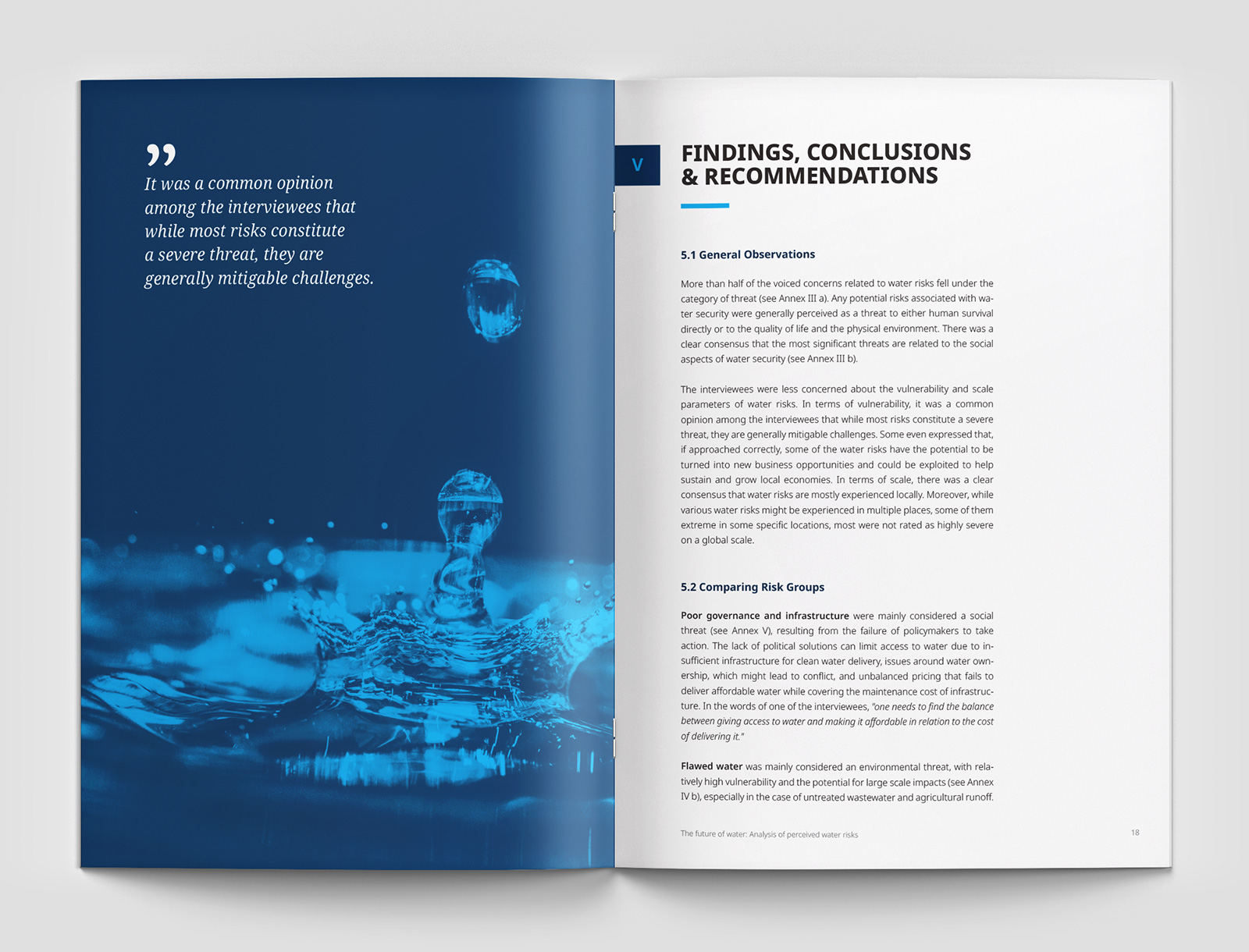 Layout af opslag fra rapport om vandhåndtering med helsidesfoto i blå nuancer og tekstside med overskriften 'Findings, Conclusions & Recommendations'.