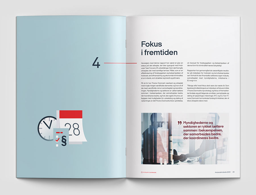 Opslag fra rapportlayout af statusrapport om hvidvask 2020 med kapiteladskillelse og foto med citat
