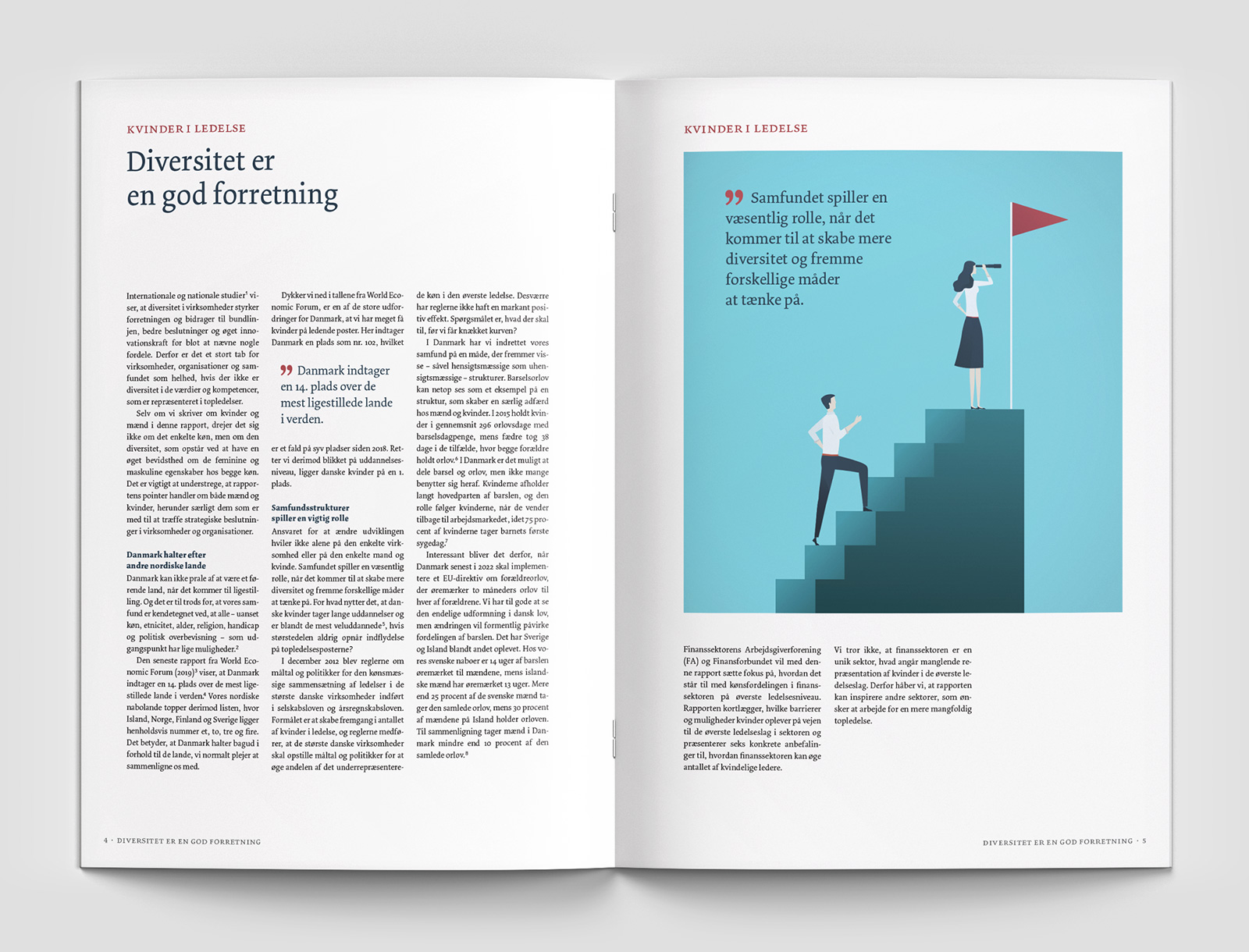 Layout af opslag fra rapporten med artikelstart med titlen 'Diversitet er en god forretning' ogen stor grafisk illustration med citat.