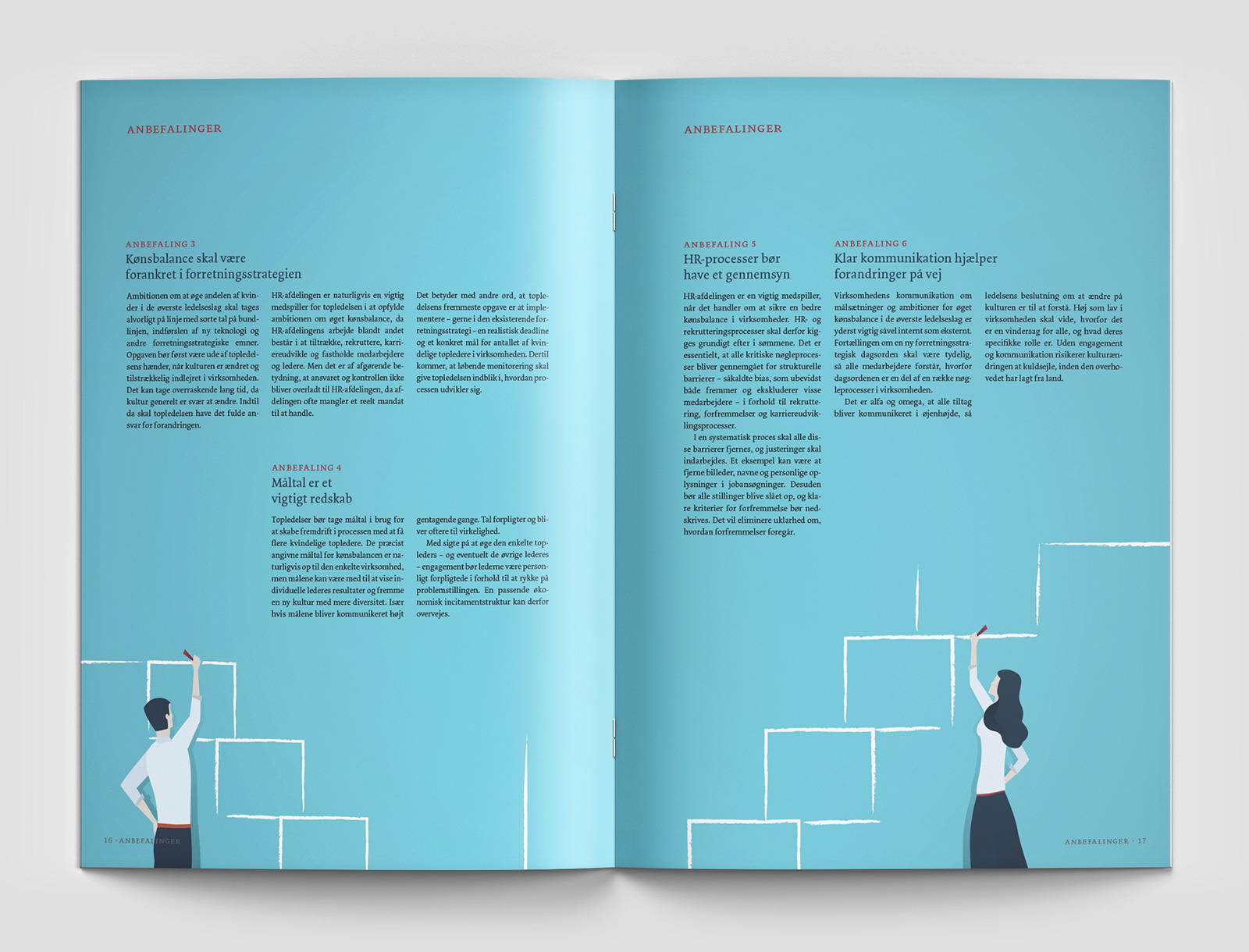 Layout af opslag fra rapporten med temaopslag med farvet baggrund og illustrationer rundt omkring teksten, der præsenterer rapportens anbefalinger.