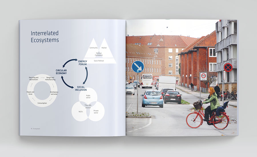 Opslag fra rapportlayout med infografik og organisationsdiagram fra layout af living labs rapport