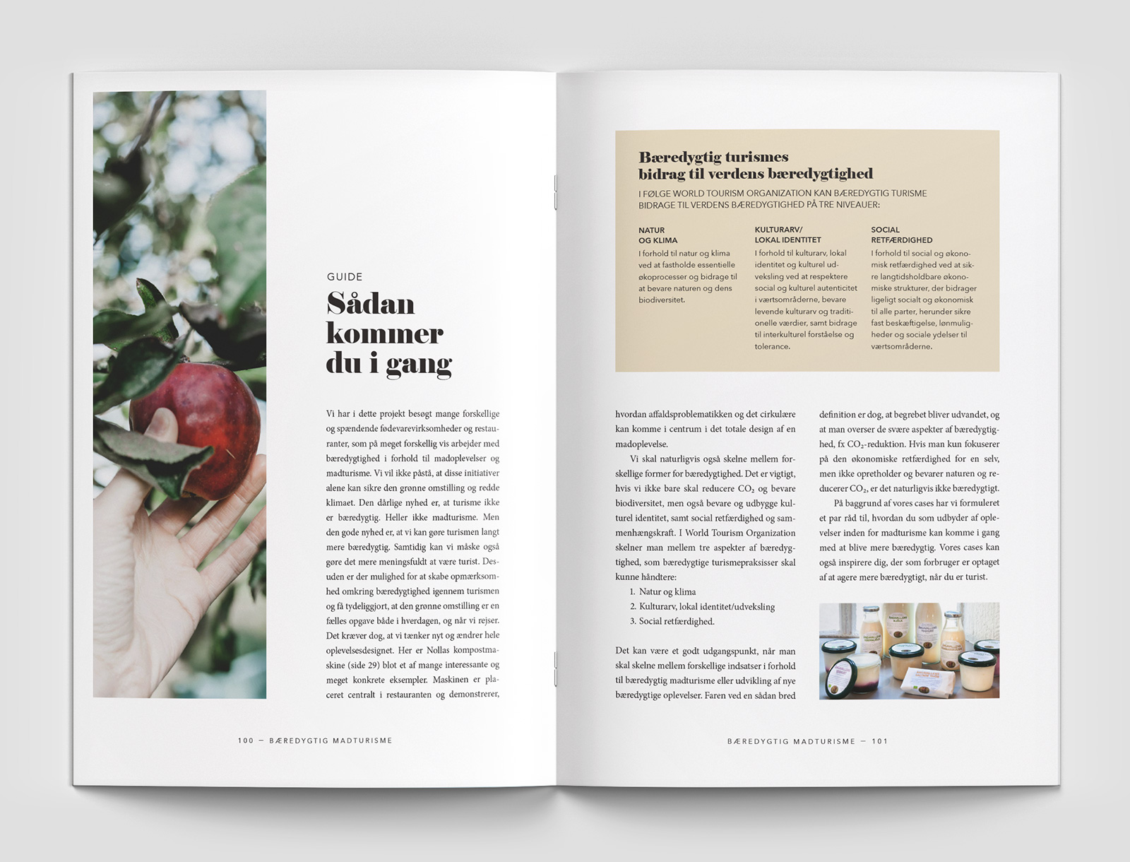 Layout af opslag fra madturisme publikation. Opslaget har titlen 'Sådan kommer du i gang'. På venstresiden ses et nærbillede af en hånd der plukker et rødt æble. På højresiden ses en faktaboks om bæredygtig turisme og et billede af mælkeprodukter fra et økologisk landbrug.