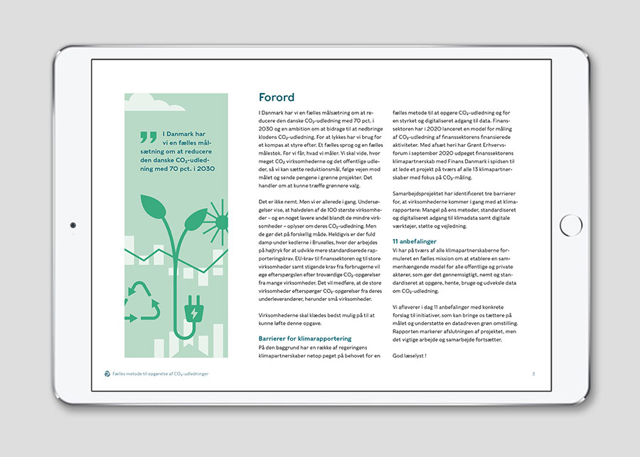 Layout af opslag vist på iPad fra rapporten med forord og en stiliseret vektor-illustration i grønne farver med et grønt citat.