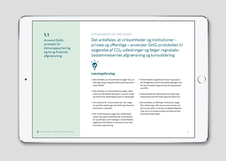 Layout af opslag vist på iPad fra rapporten med anbefaling nummer 1.1 'Anvend GHG-protkol til klimarapportering og brug finansiel afgrænsning'.