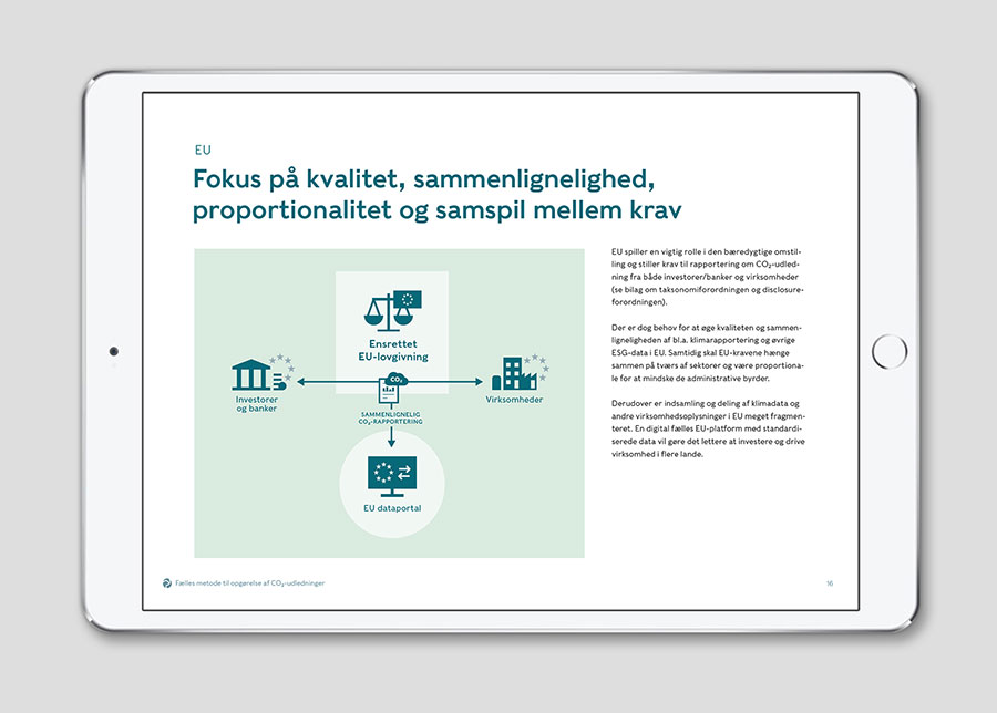 Layout af opslag vist på iPad fra rapporten med overskriften 'EU: Fokus på kvalitet, sammenlignelighed, proportionalitet og samspil mellem krav' samt infografik.