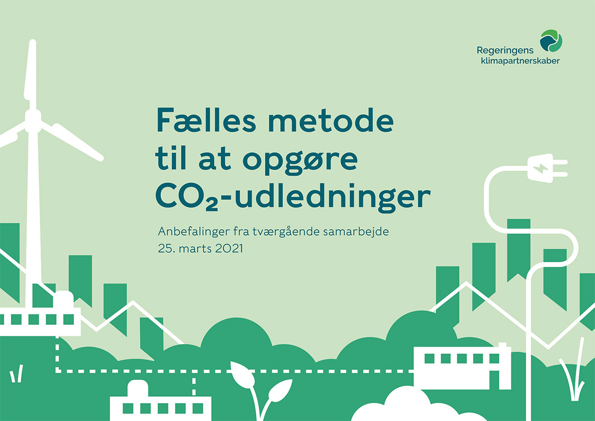 Forsidedesign til rapport med anbefalinger til fælles model for co2 opgørelse fra Regeringens Klimapartnerskaber